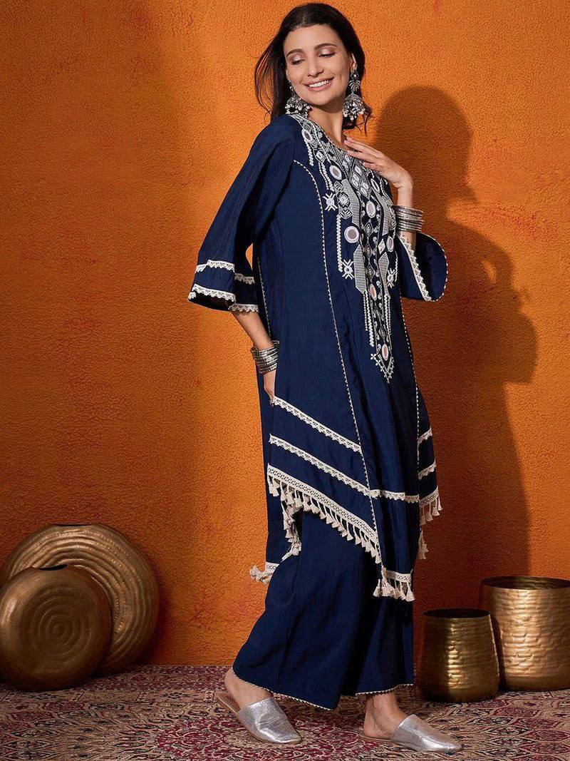 Rayon Cotton 2-Piece Set with Real Mirror Work & Fancy Lace Detailing