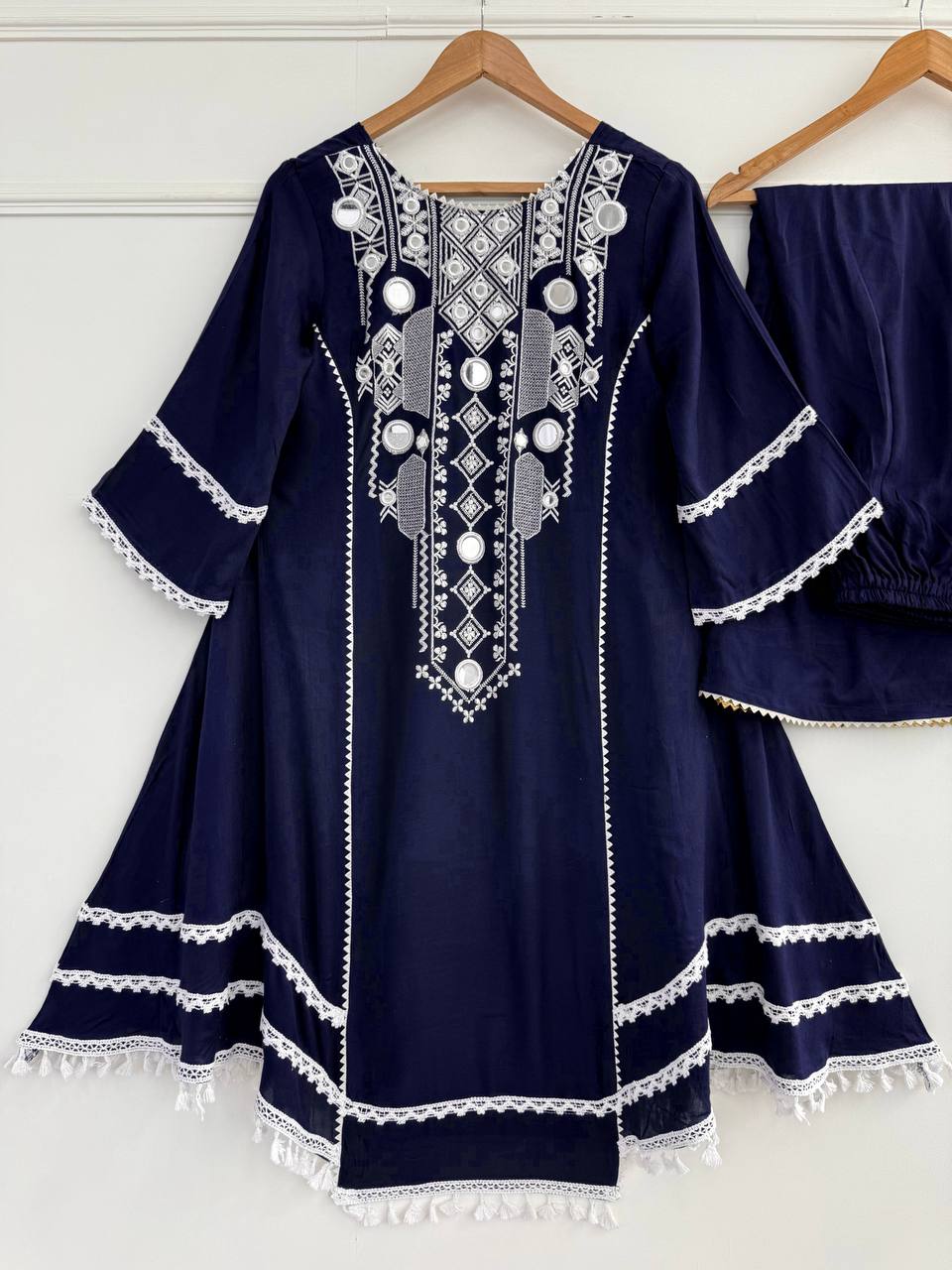 Rayon Cotton 2-Piece Set with Real Mirror Work & Fancy Lace Detailing