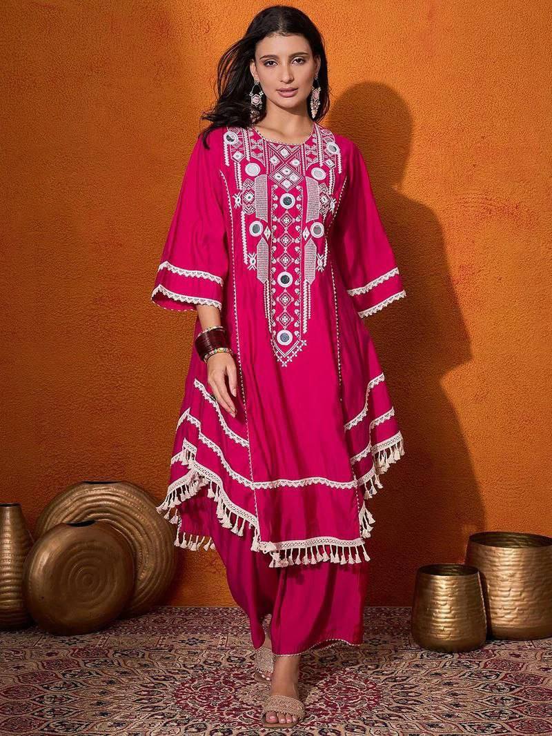 Rayon Cotton 2-Piece Set with Real Mirror Work & Fancy Lace Detailing