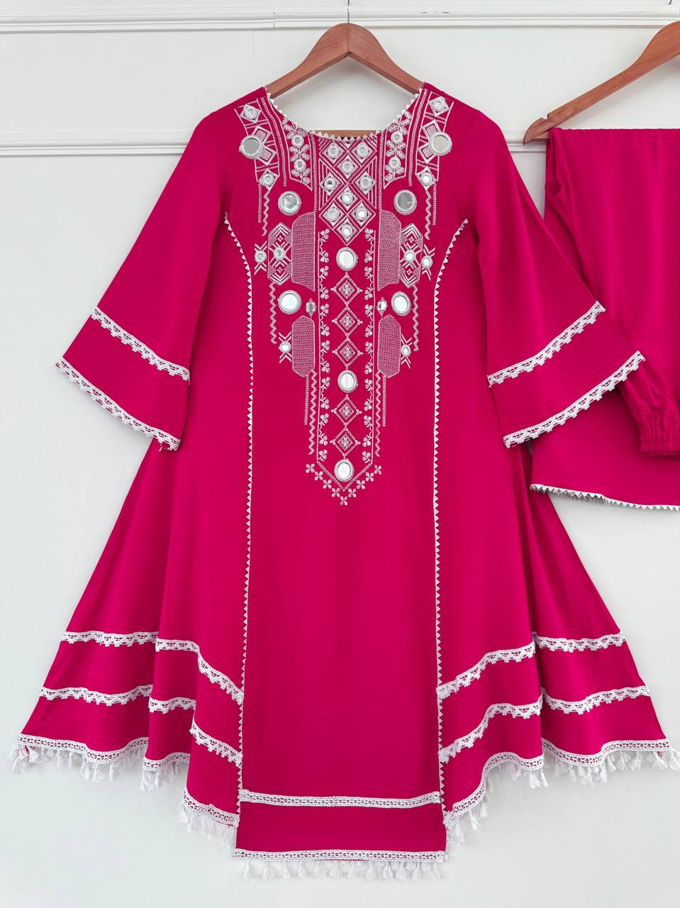 Rayon Cotton 2-Piece Set with Real Mirror Work & Fancy Lace Detailing