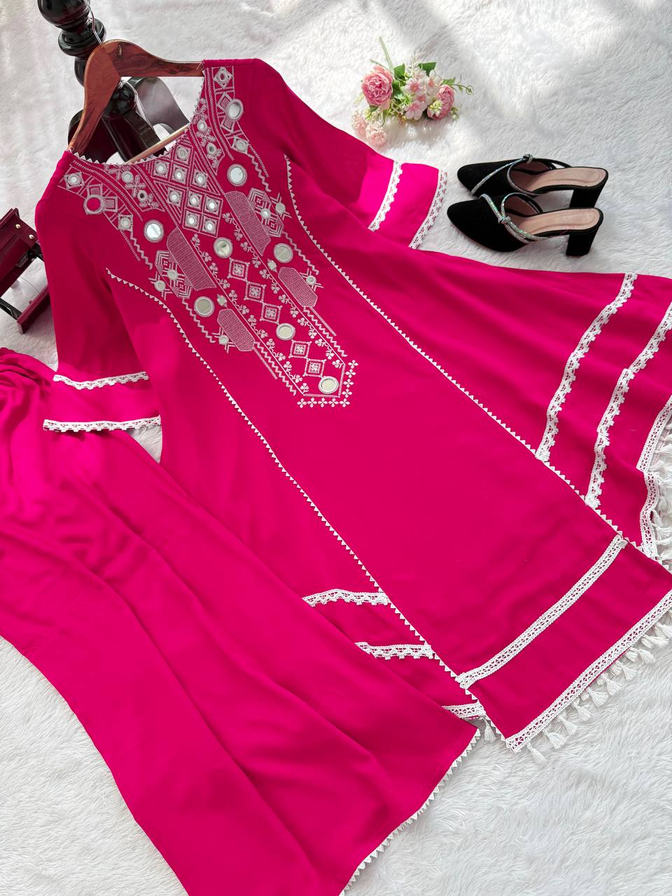 Rayon Cotton 2-Piece Set with Real Mirror Work & Fancy Lace Detailing