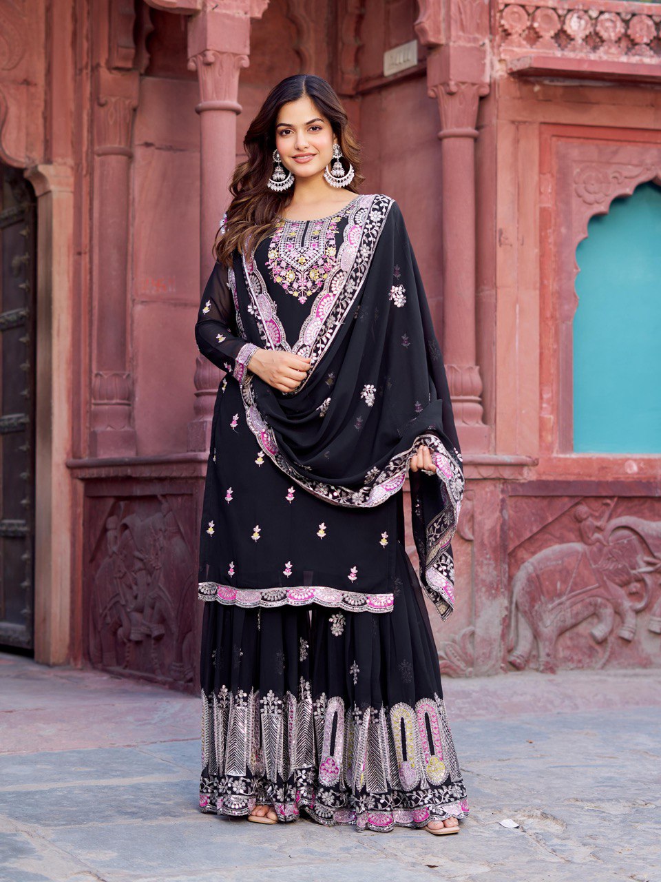 Georgette Sharara Set with Thread & Sequin Work