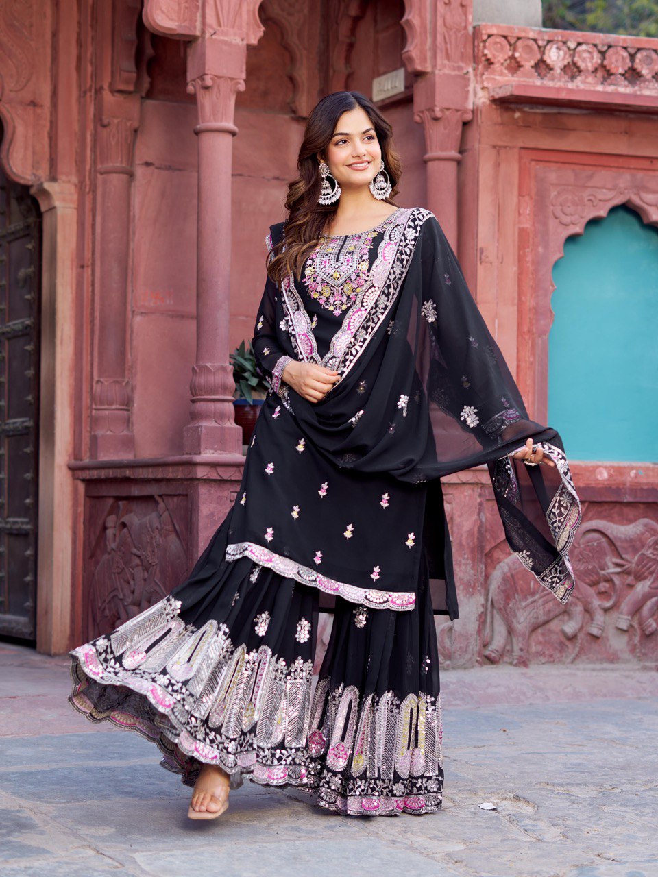 Georgette Sharara Set with Thread & Sequin Work