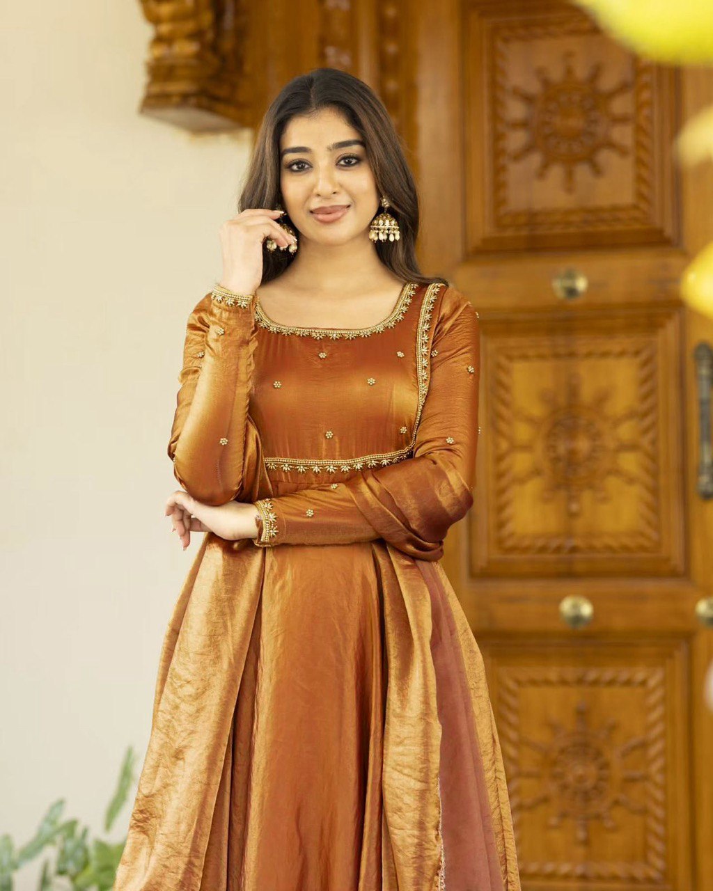 Silk Suit with Sequins & Four-Side Lace Dupatta