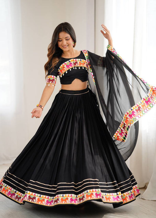 Heavy Rayon Lehenga Choli with Mirror & Tassel Work and Gamthi Lace Dupatta