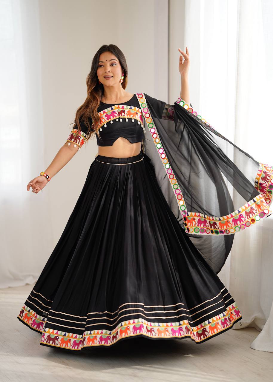 Heavy Rayon Lehenga Choli with Mirror & Tassel Work and Gamthi Lace Dupatta