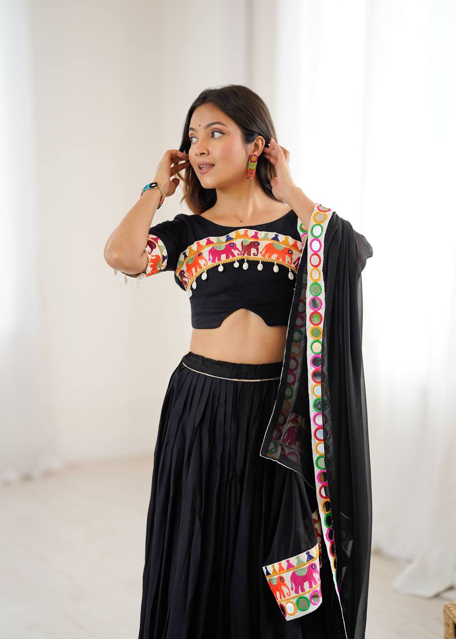 Heavy Rayon Lehenga Choli with Mirror & Tassel Work and Gamthi Lace Dupatta