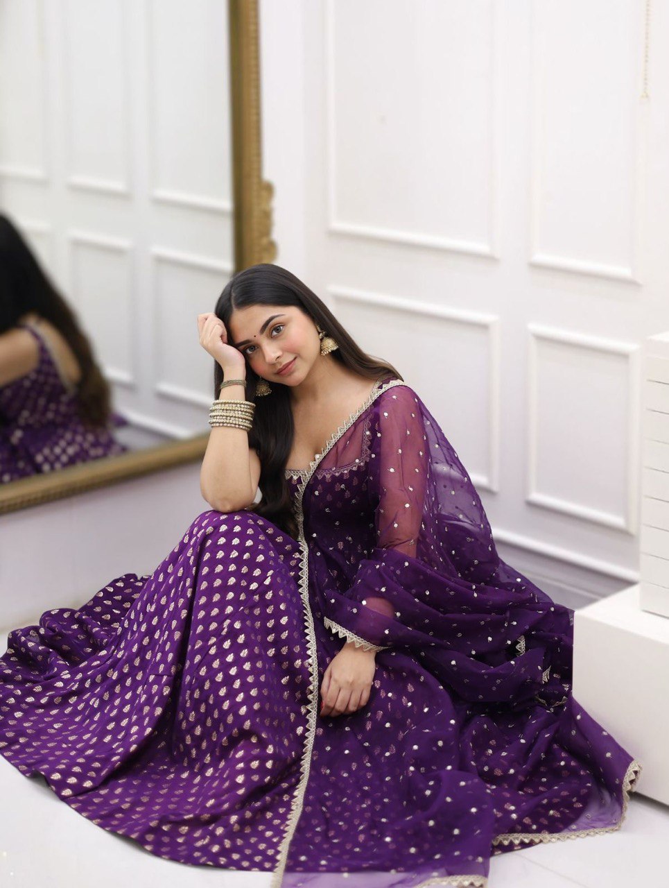 Jacquard Silk Suit Set with Sequin Dupatta