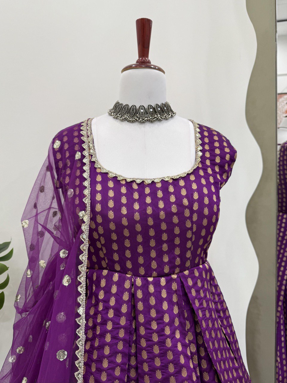 Jacquard Silk Suit Set with Sequin Dupatta