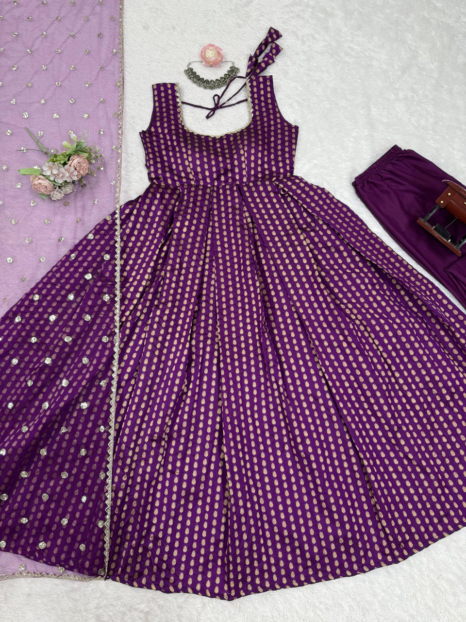 Jacquard Silk Suit Set with Sequin Dupatta