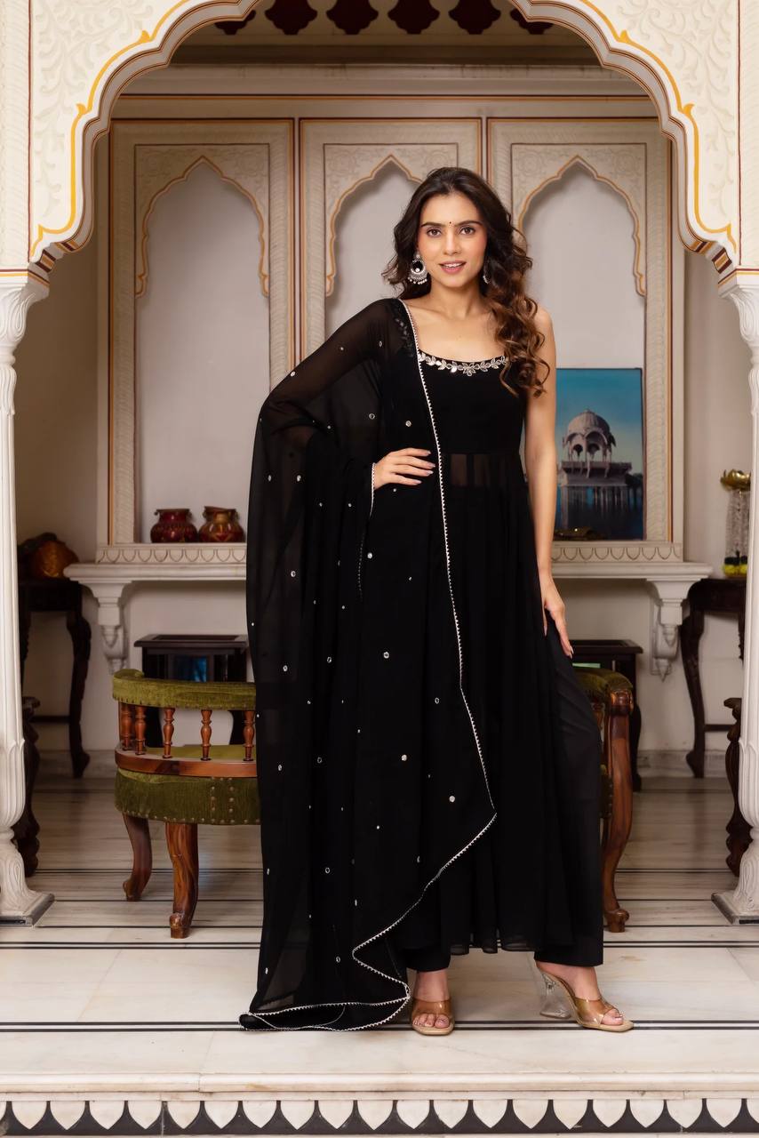 Georgette Mirror Work Suit Set with Plazo & Dupatta