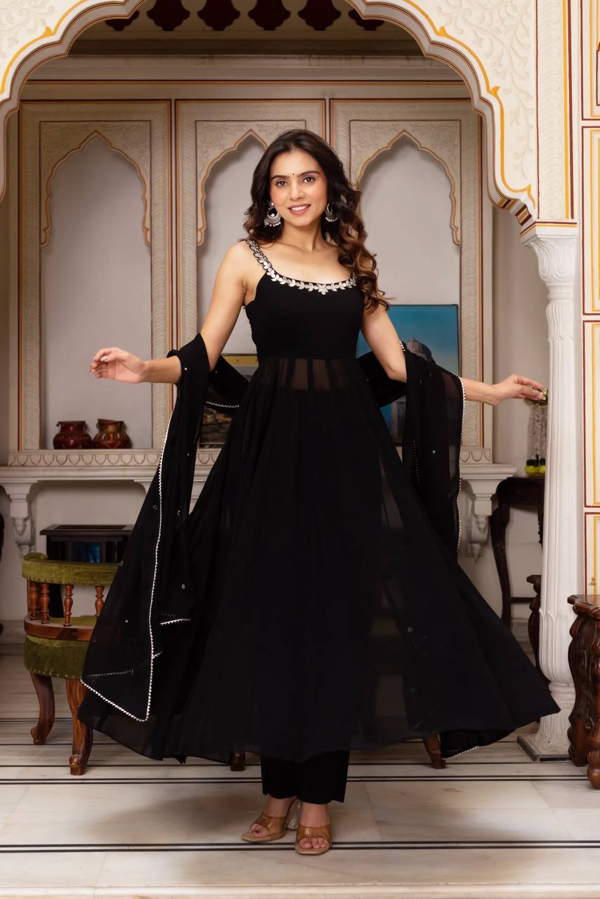 Georgette Mirror Work Suit Set with Plazo & Dupatta