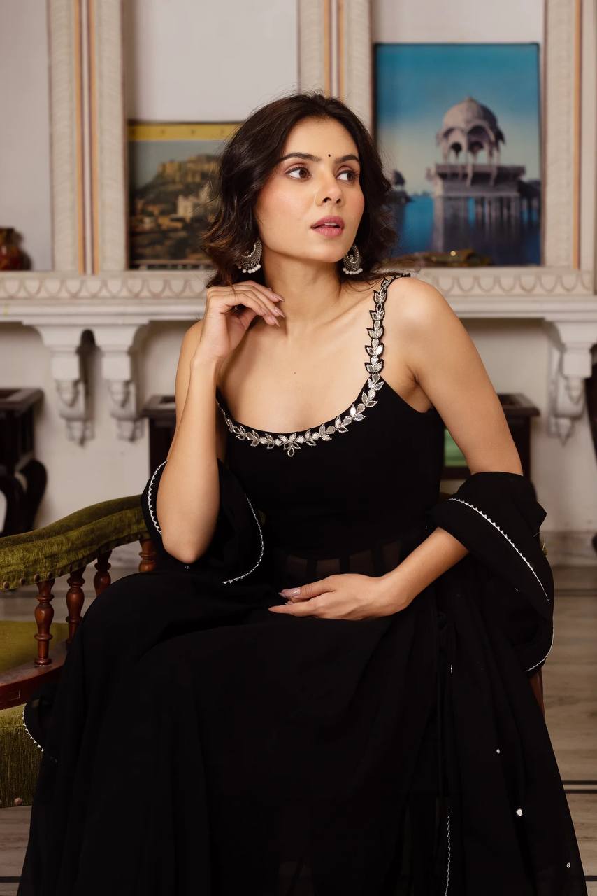 Georgette Mirror Work Suit Set with Plazo & Dupatta
