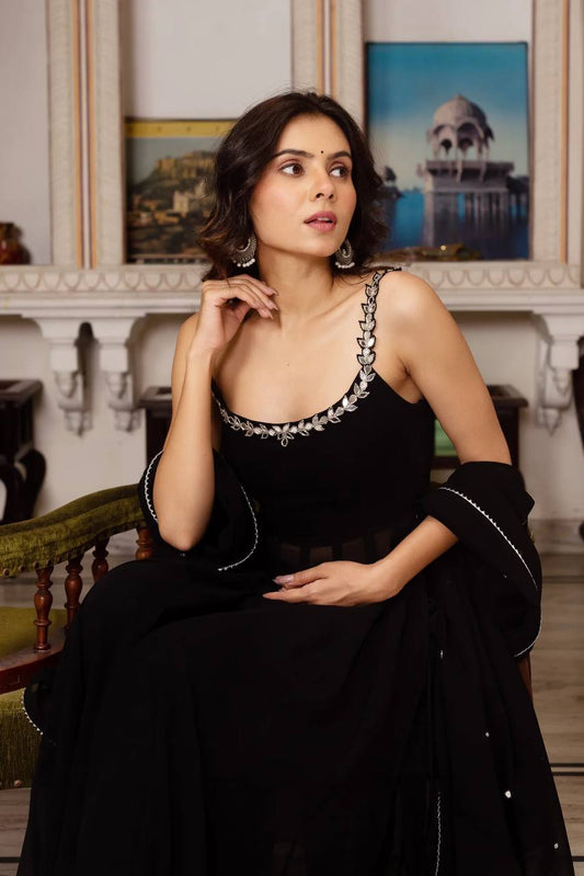 Georgette Mirror Work Suit Set with Plazo & Dupatta