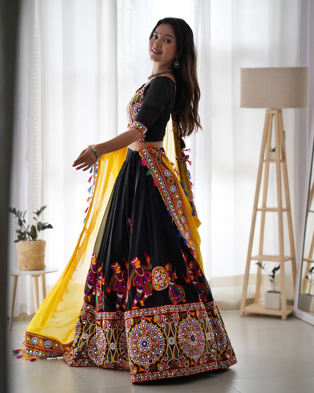 Georgette Lehenga Set with Original Mirror & Chain-Stitch Embroidery