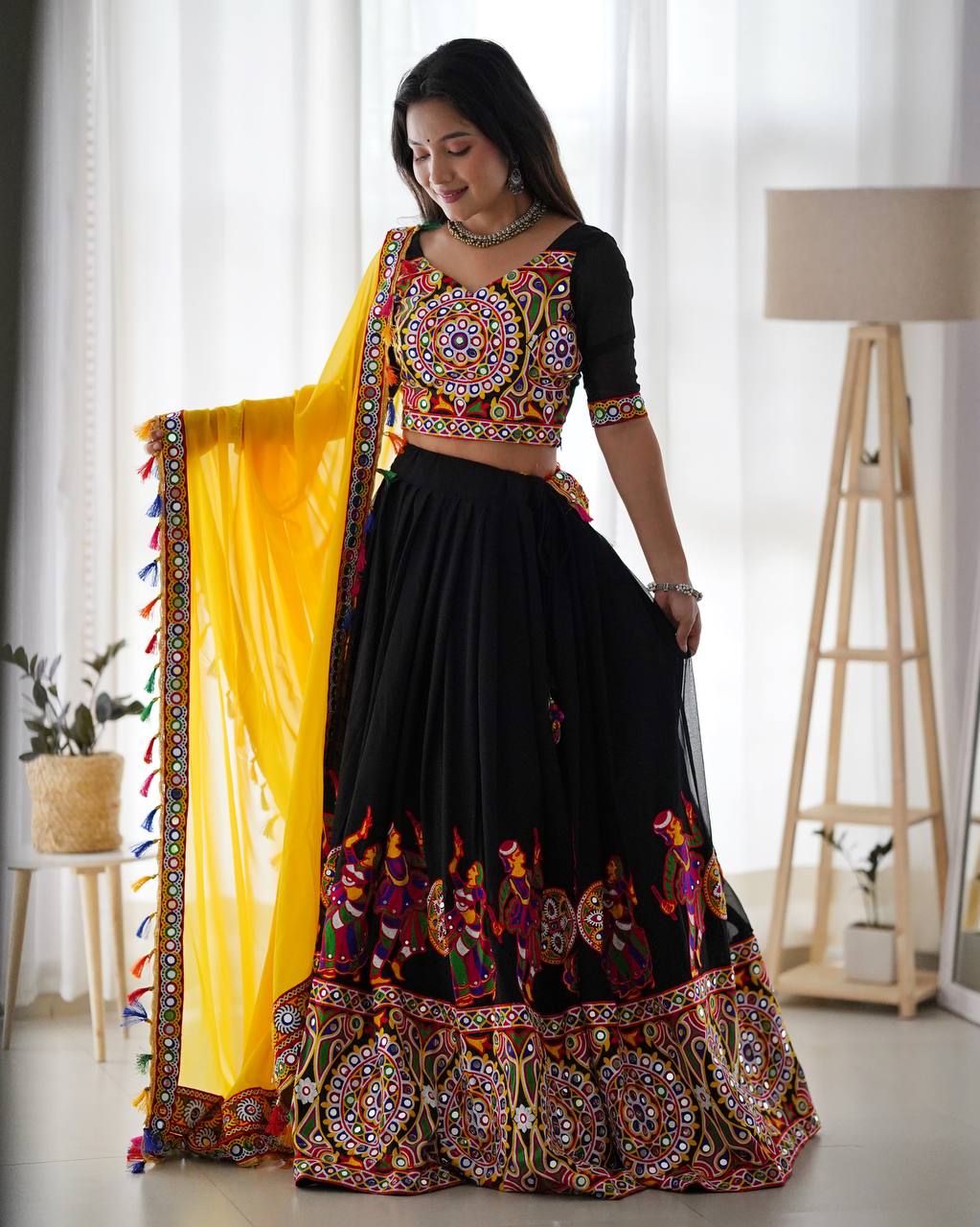 Georgette Lehenga Set with Original Mirror & Chain-Stitch Embroidery