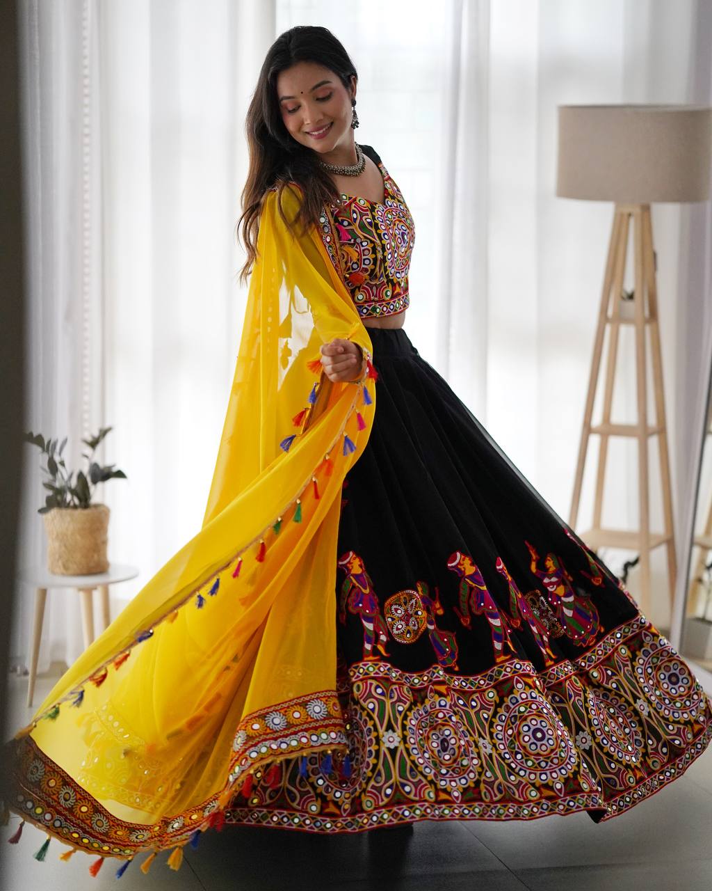 Georgette Lehenga Set with Original Mirror & Chain-Stitch Embroidery