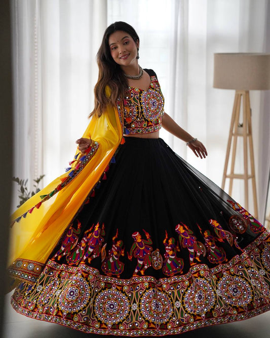 Georgette Lehenga Set with Original Mirror & Chain-Stitch Embroidery