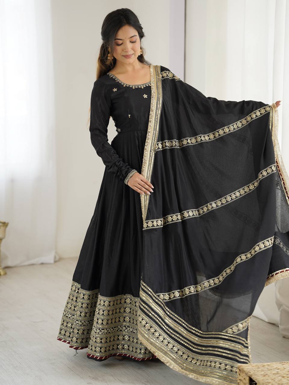 Chinon Silk Gown Set with Thread & Sequin Work