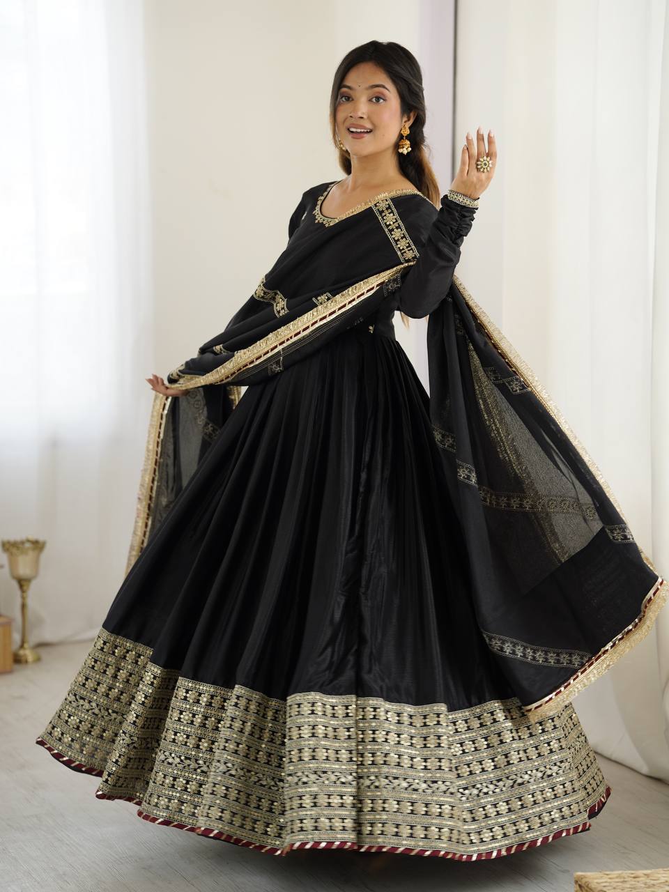 Chinon Silk Gown Set with Thread & Sequin Work