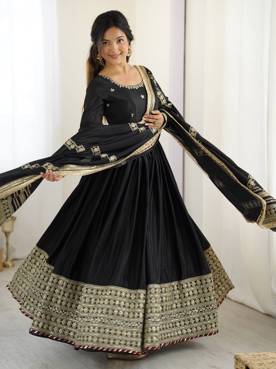 Chinon Silk Gown Set with Thread & Sequin Work