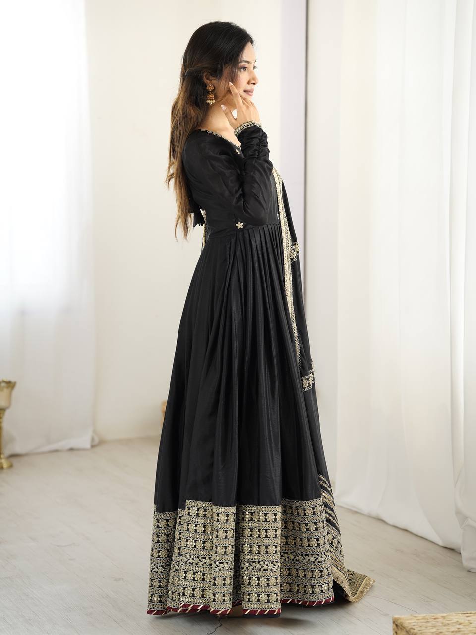 Chinon Silk Gown Set with Thread & Sequin Work