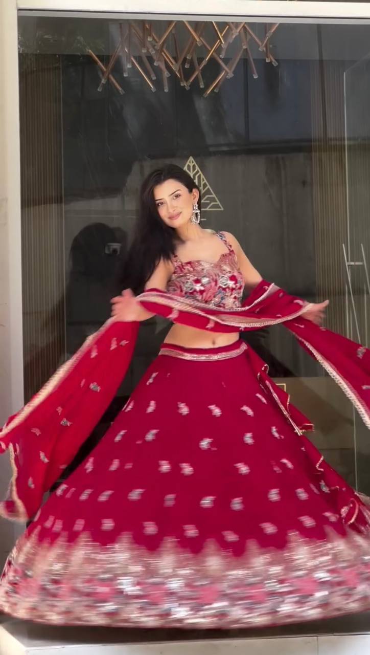 Faux Georgette Lehenga Set with Sequins & Double Dupatta