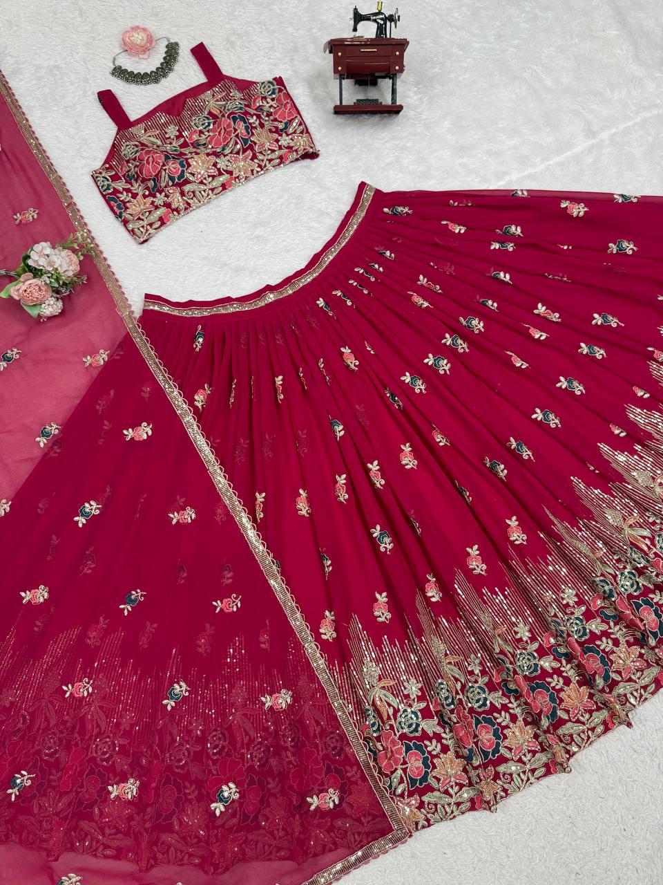Faux Georgette Lehenga Set with Sequins & Double Dupatta
