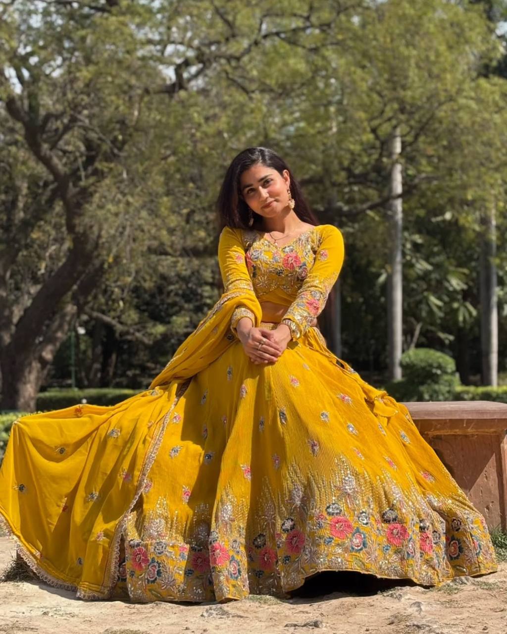 Faux Georgette Lehenga Set with Sequins & Double Dupatta