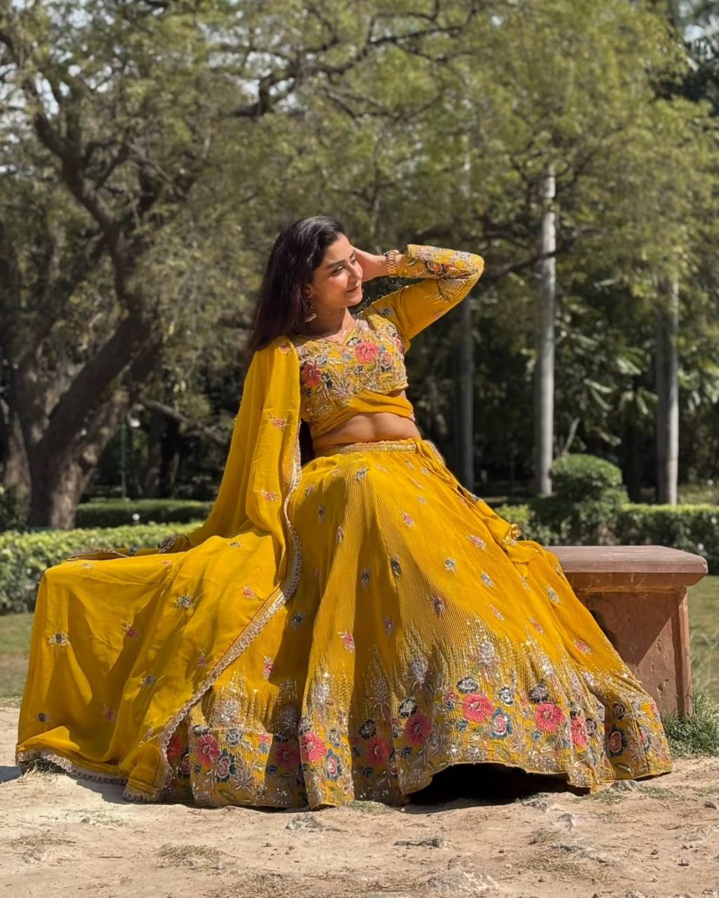 Faux Georgette Lehenga Set with Sequins & Double Dupatta