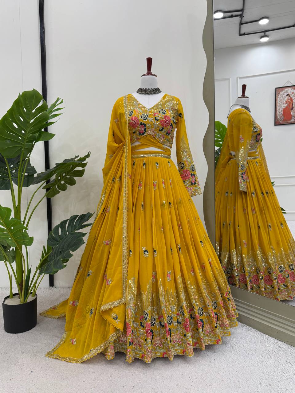 Faux Georgette Lehenga Set with Sequins & Double Dupatta