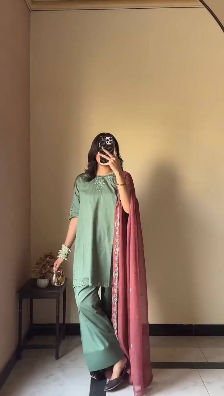 Thread Work Suit Set with Farshi Salwar & Dupatta