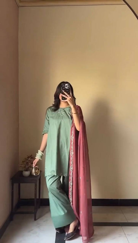 Thread Work Suit Set with Farshi Salwar & Dupatta