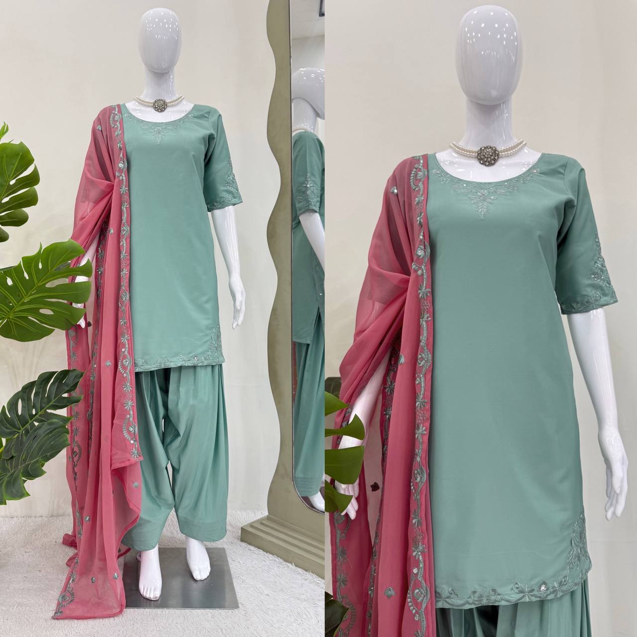 Thread Work Suit Set with Farshi Salwar & Dupatta