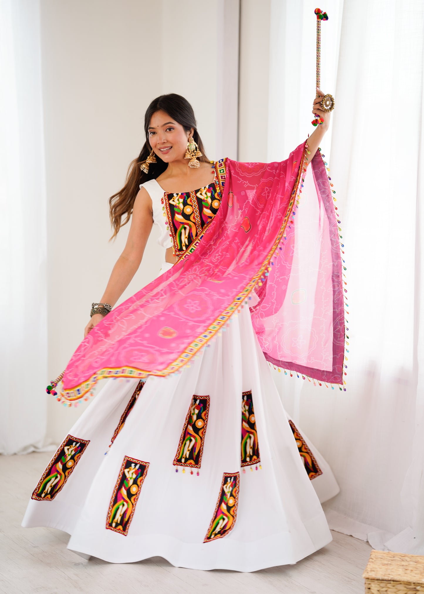 Rayon Lehenga Set with Gamthi Thread Work, Padded Blouse & Georgette Dupatta