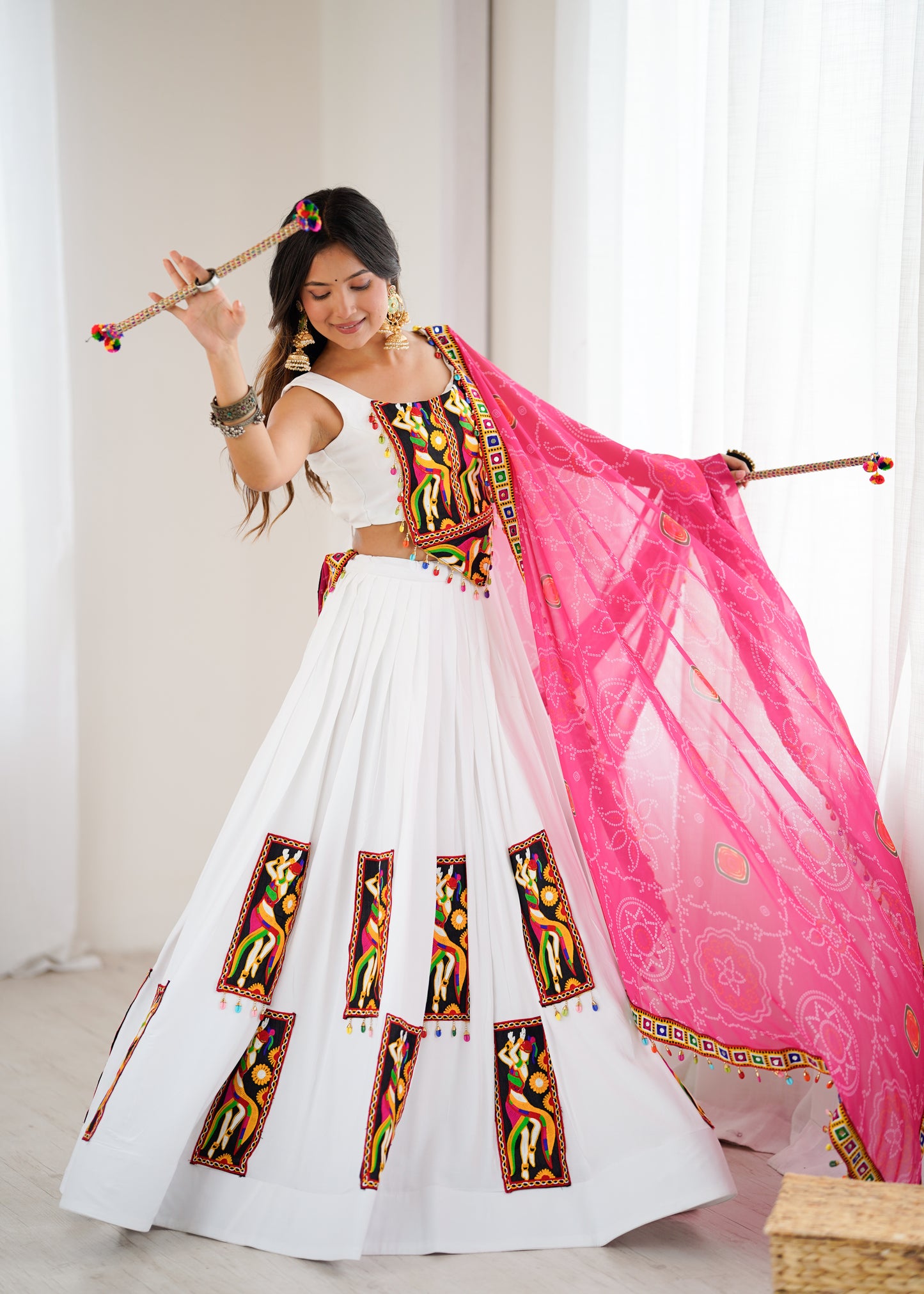 Rayon Lehenga Set with Gamthi Thread Work, Padded Blouse & Georgette Dupatta