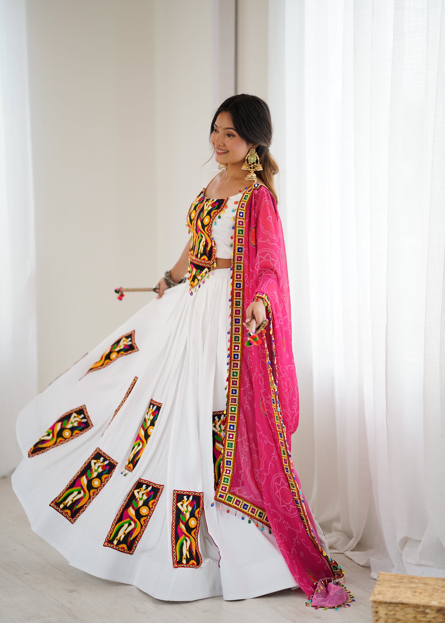 Rayon Lehenga Set with Gamthi Thread Work, Padded Blouse & Georgette Dupatta