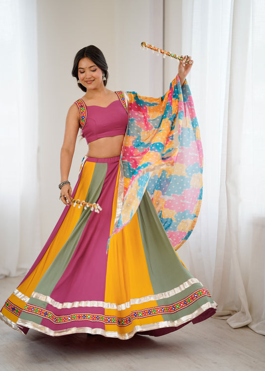 Heavy Rayon Gamthi Mirror Work Lehenga with Dupatta – 4 Meter Flair