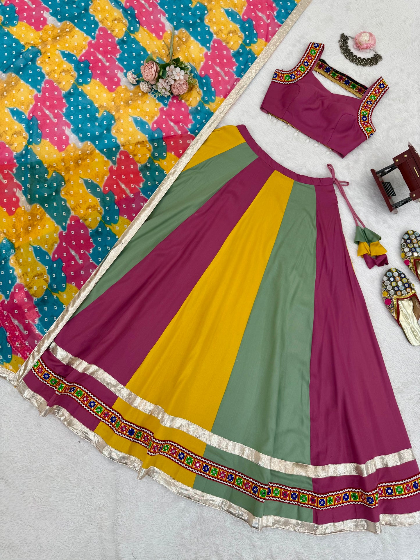 Heavy Rayon Gamthi Mirror Work Lehenga with Dupatta – 4 Meter Flair