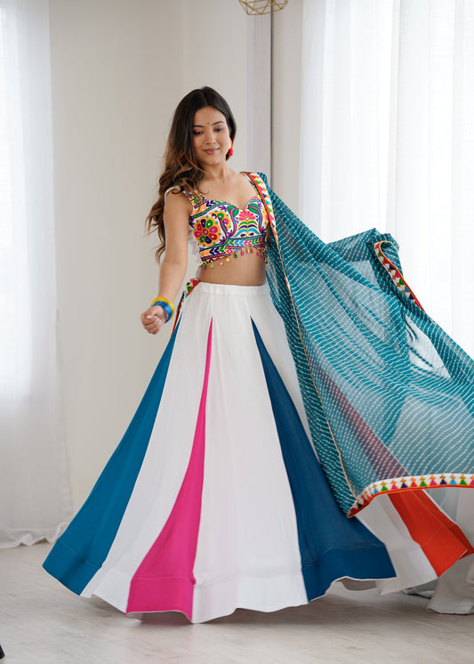Heavy Rayon Lehenga Choli with Mirror & Kodi Work Blouse and Georgette Dupatta