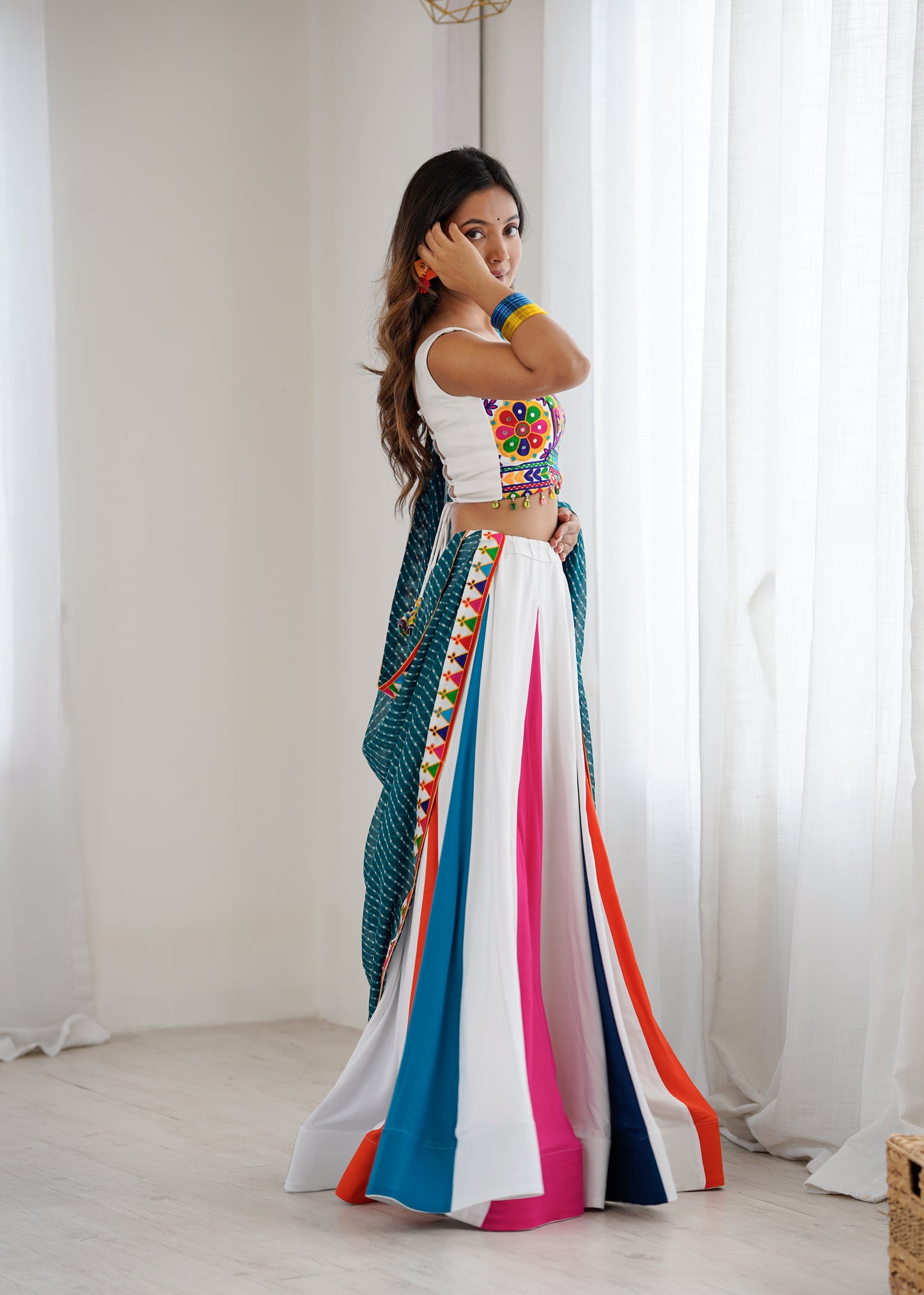 Heavy Rayon Lehenga Choli with Mirror & Kodi Work Blouse and Georgette Dupatta