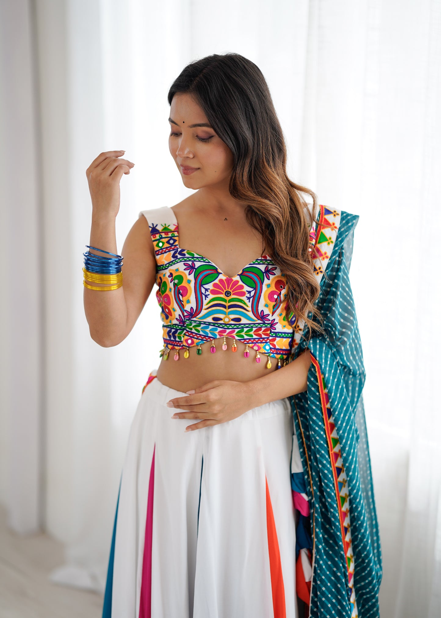 Heavy Rayon Lehenga Choli with Mirror & Kodi Work Blouse and Georgette Dupatta