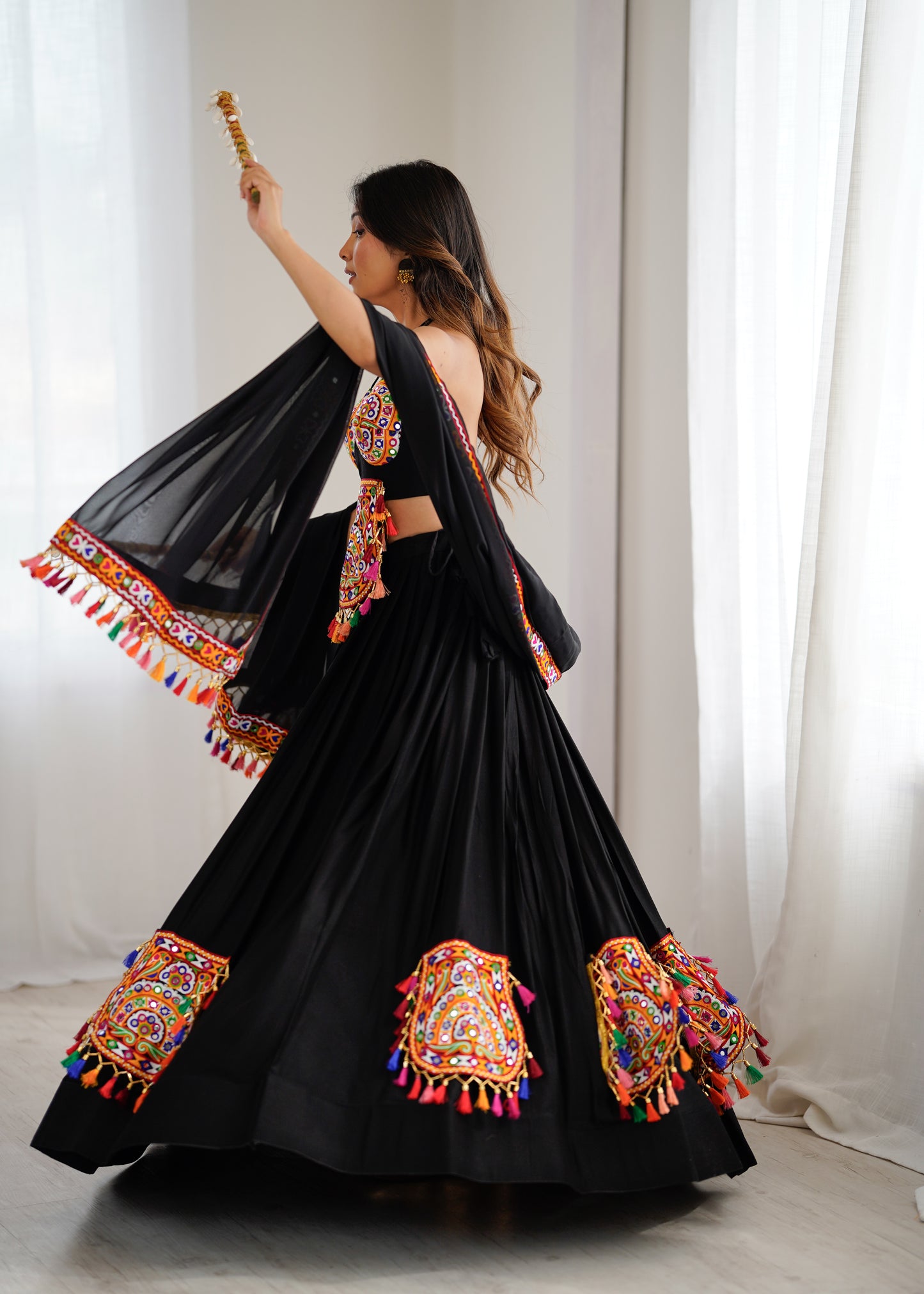 Rayon Lehenga Choli with Mirror & Tassel Work and Gamthi Lace Dupatta