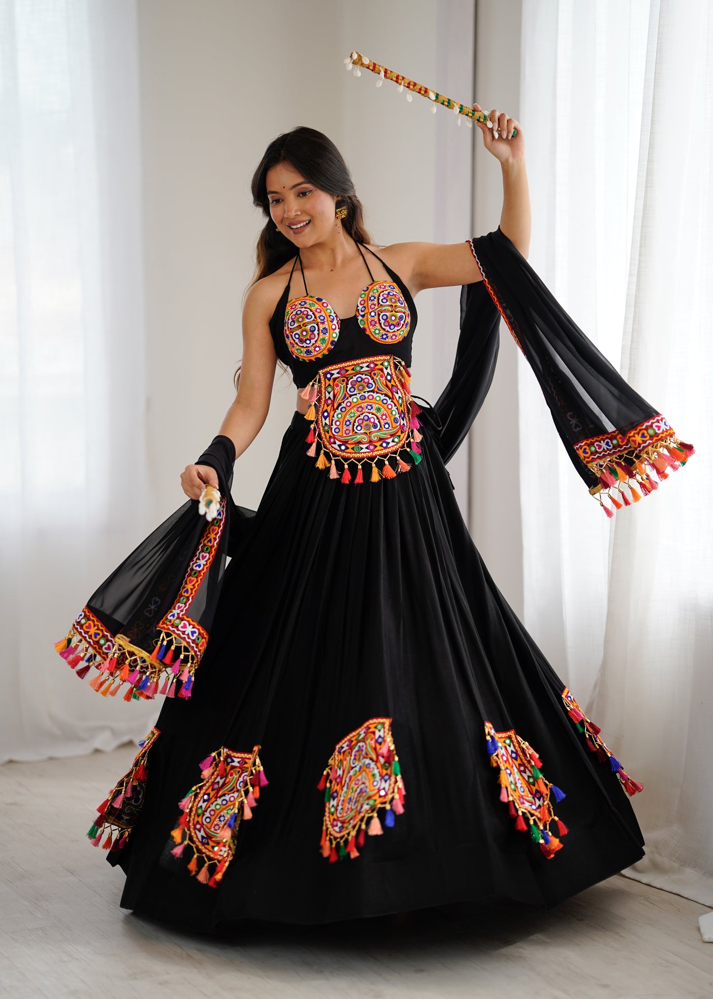 Rayon Lehenga Choli with Mirror & Tassel Work and Gamthi Lace Dupatta