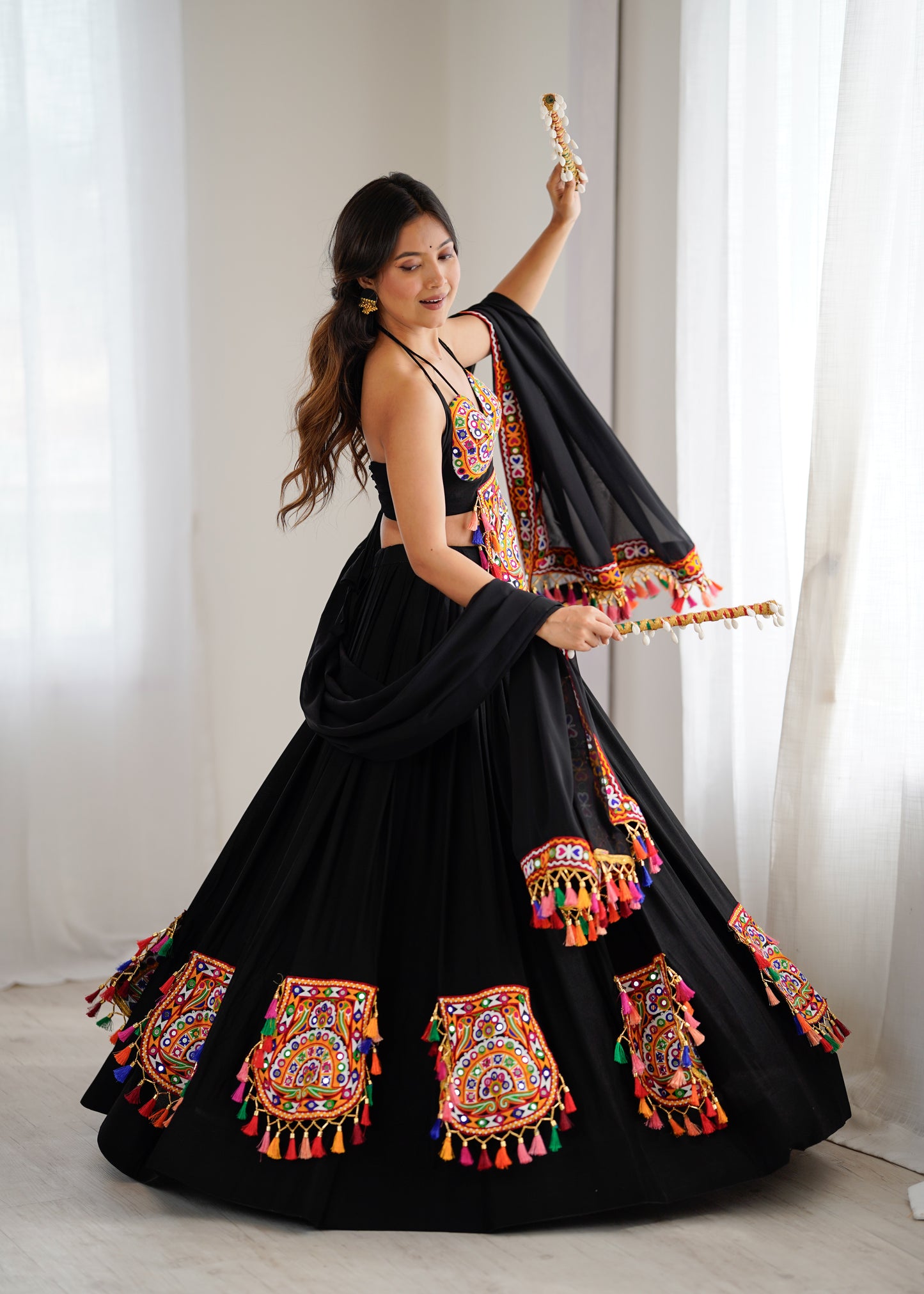 Rayon Lehenga Choli with Mirror & Tassel Work and Gamthi Lace Dupatta