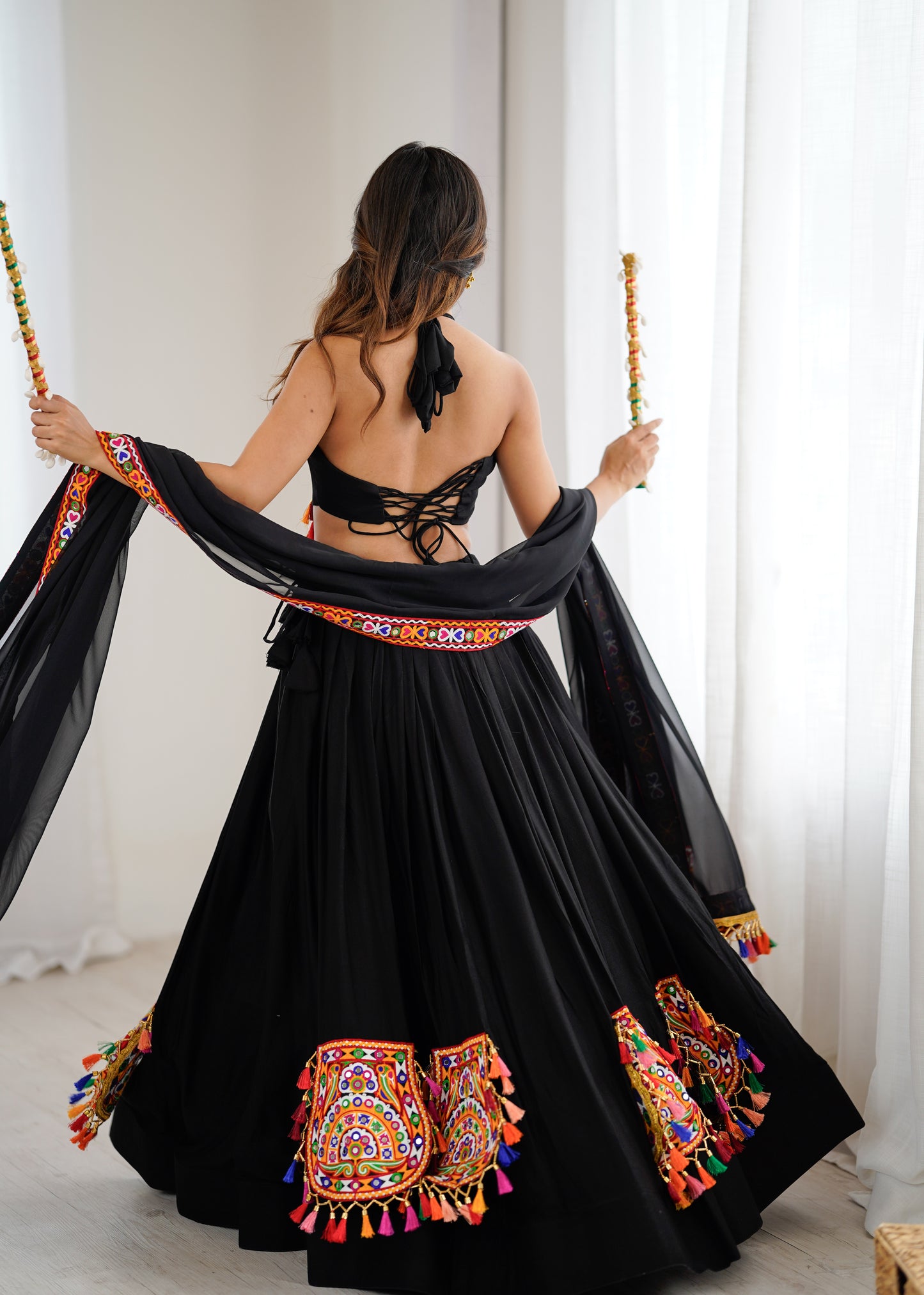 Rayon Lehenga Choli with Mirror & Tassel Work and Gamthi Lace Dupatta