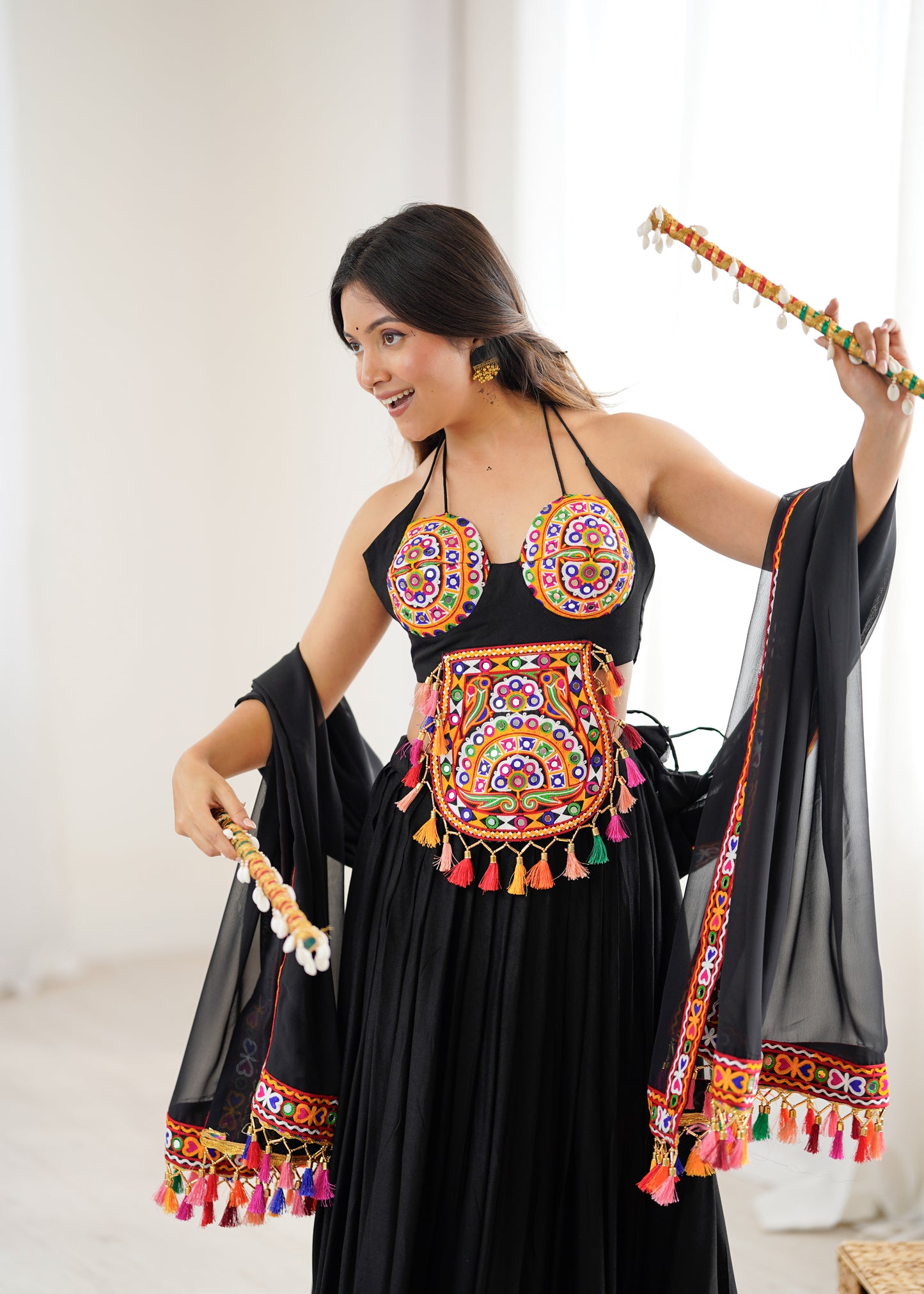 Rayon Lehenga Choli with Mirror & Tassel Work and Gamthi Lace Dupatta