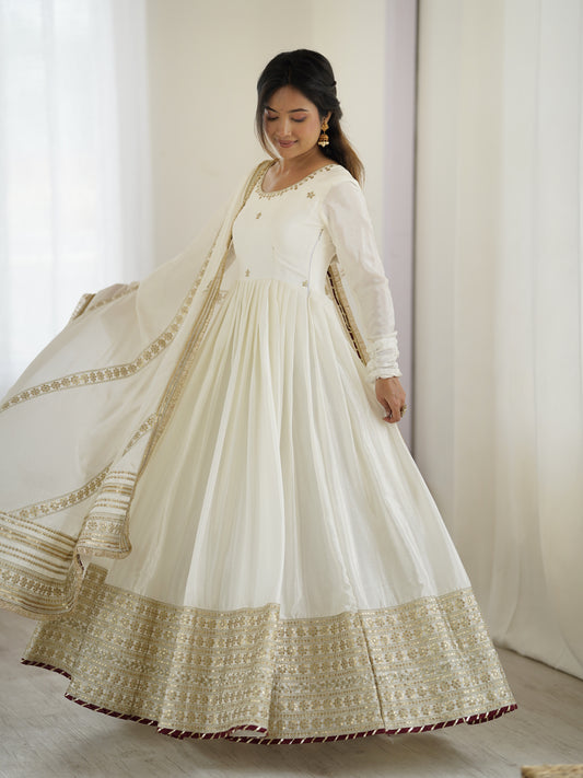 Chinon Silk Gown Set with Thread & Sequin Work