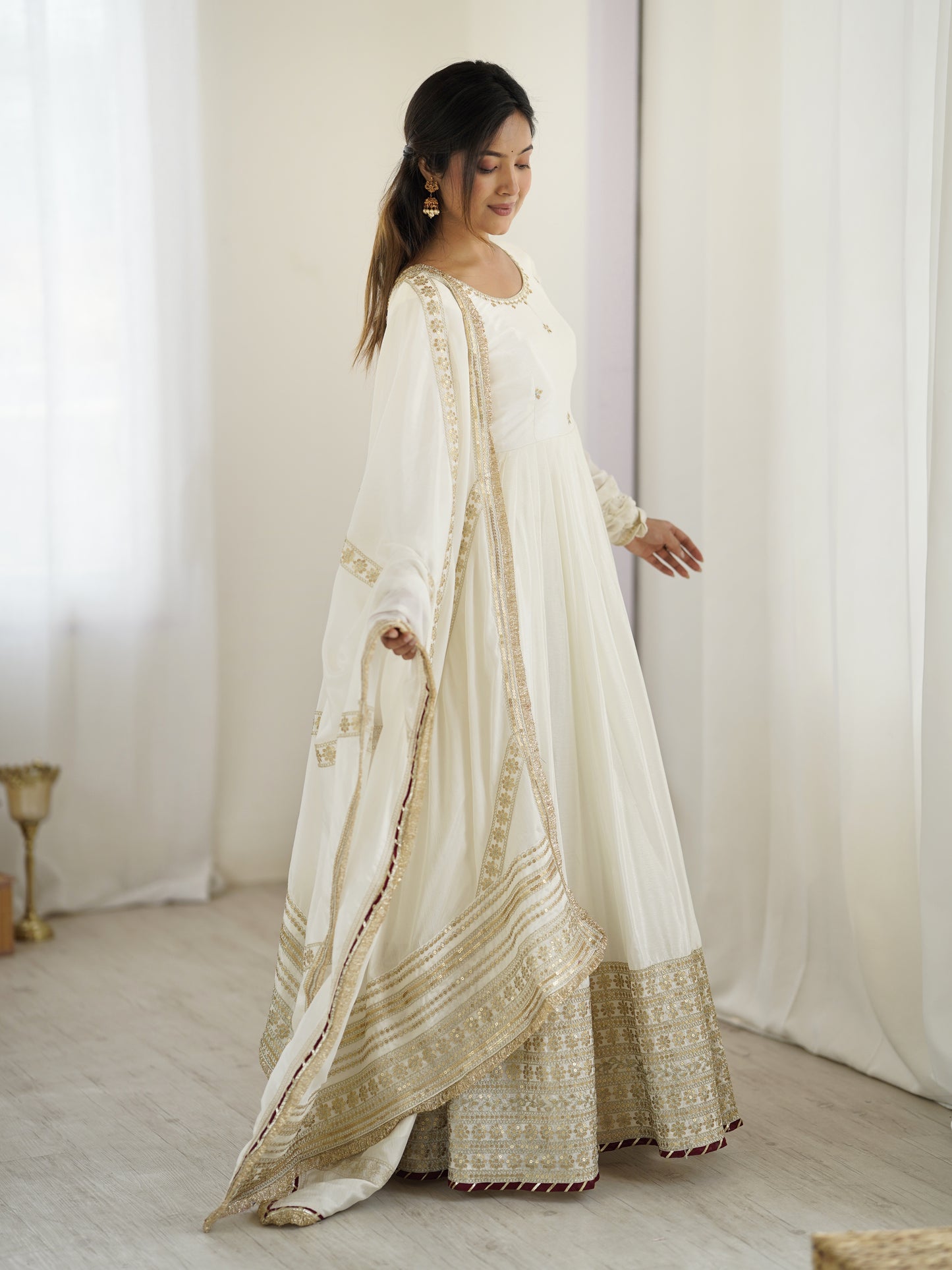 Chinon Silk Gown Set with Thread & Sequin Work