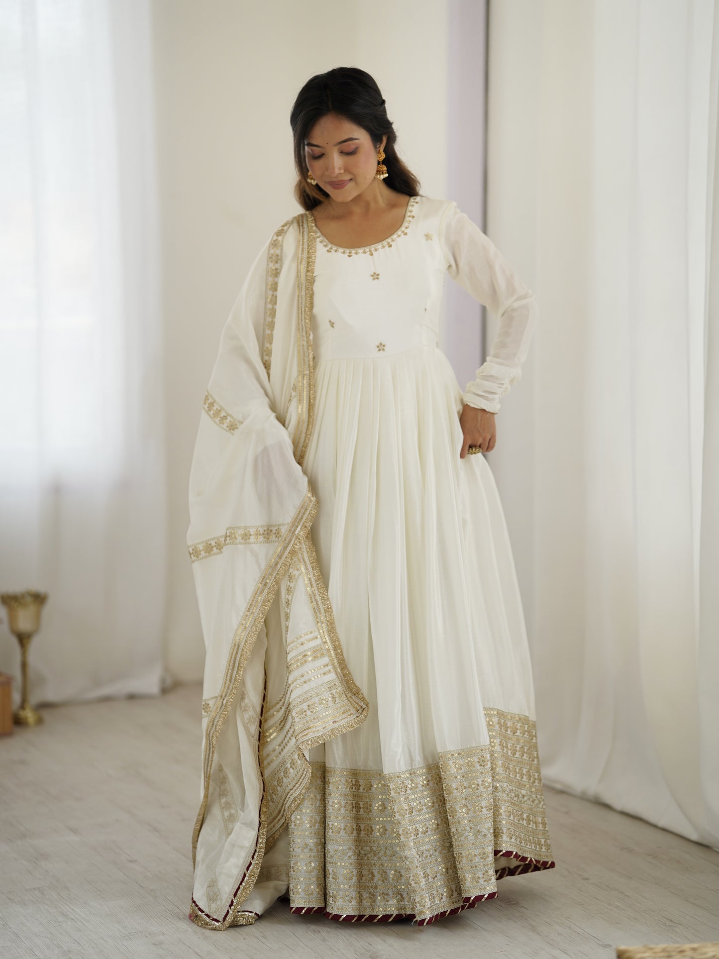 Chinon Silk Gown Set with Thread & Sequin Work